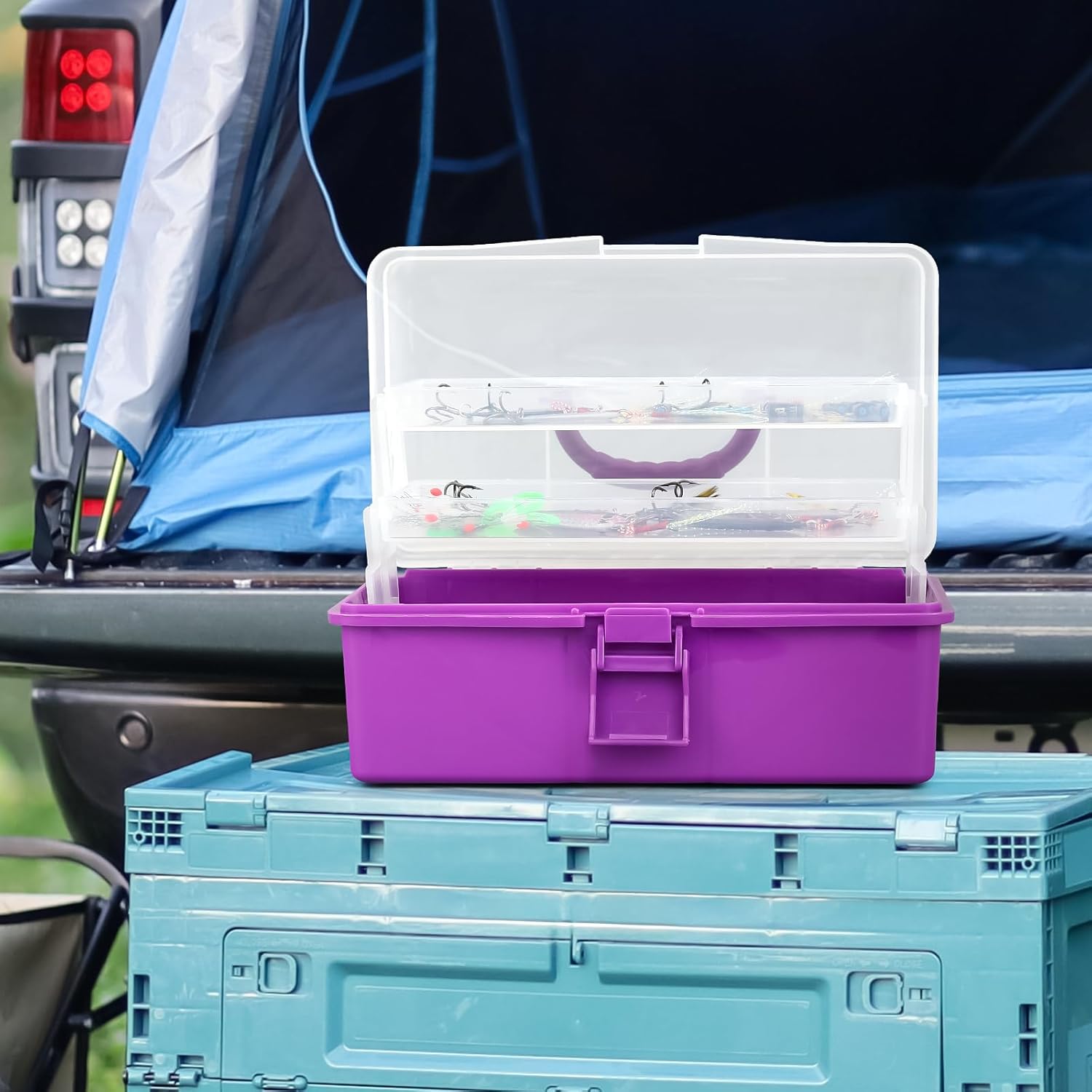 MoNiBloom Portable Tackle Box Organizer with Handle, 3-Layer Compartment Plastic Storage Tool Box Waterproof Container Case for Fishing Tackles, Makeup, Hair Accessories (Purple) - Image 3
