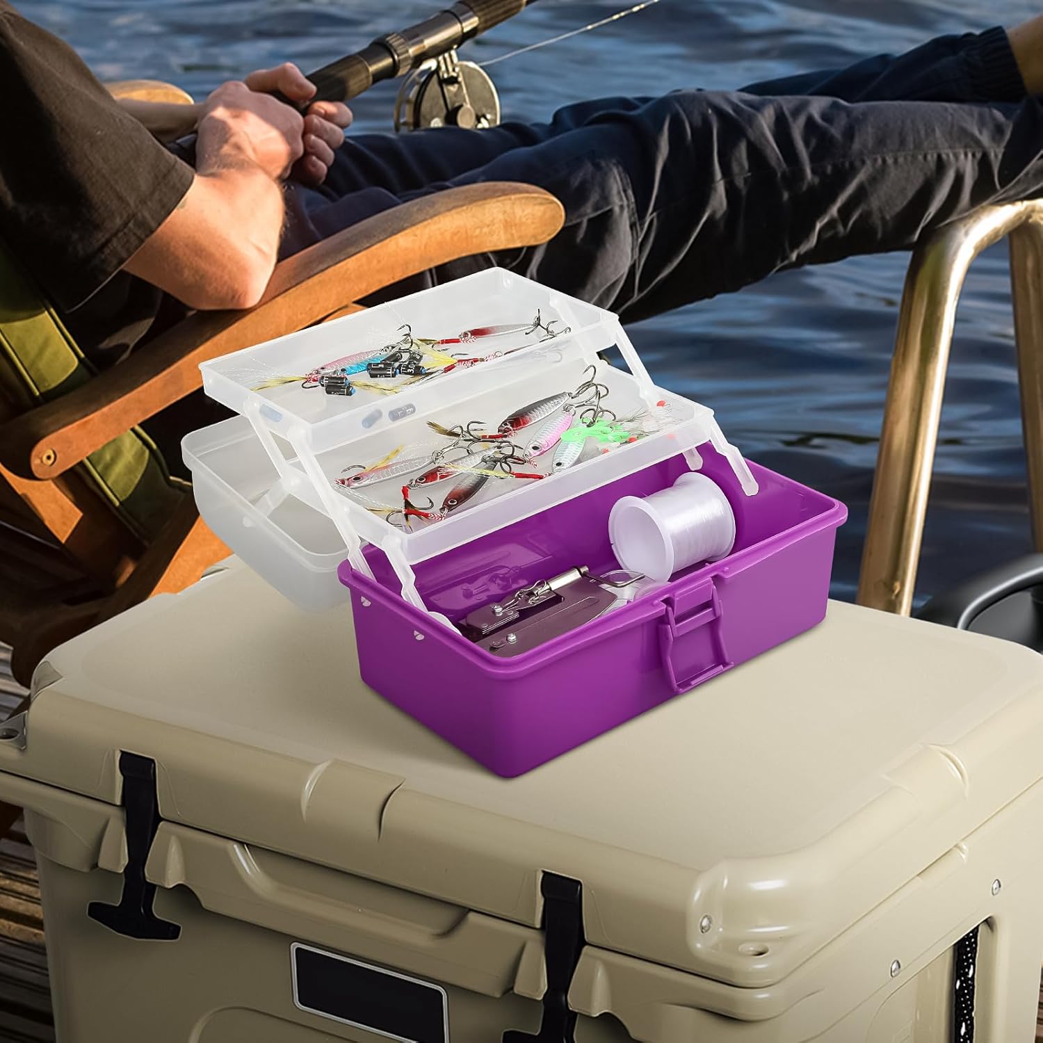 MoNiBloom Portable Tackle Box Organizer with Handle, 3-Layer Compartment Plastic Storage Tool Box Waterproof Container Case for Fishing Tackles, Makeup, Hair Accessories (Purple) - Image 4