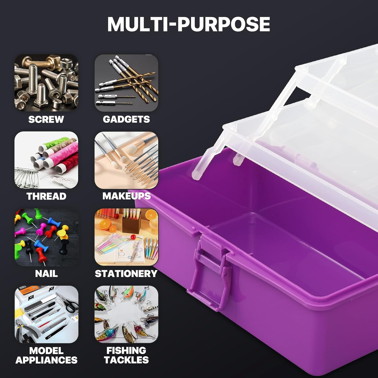 MoNiBloom Portable Tackle Box Organizer with Handle, 3-Layer Compartment Plastic Storage Tool Box Waterproof Container Case for Fishing Tackles, Makeup, Hair Accessories (Purple) - Image 7